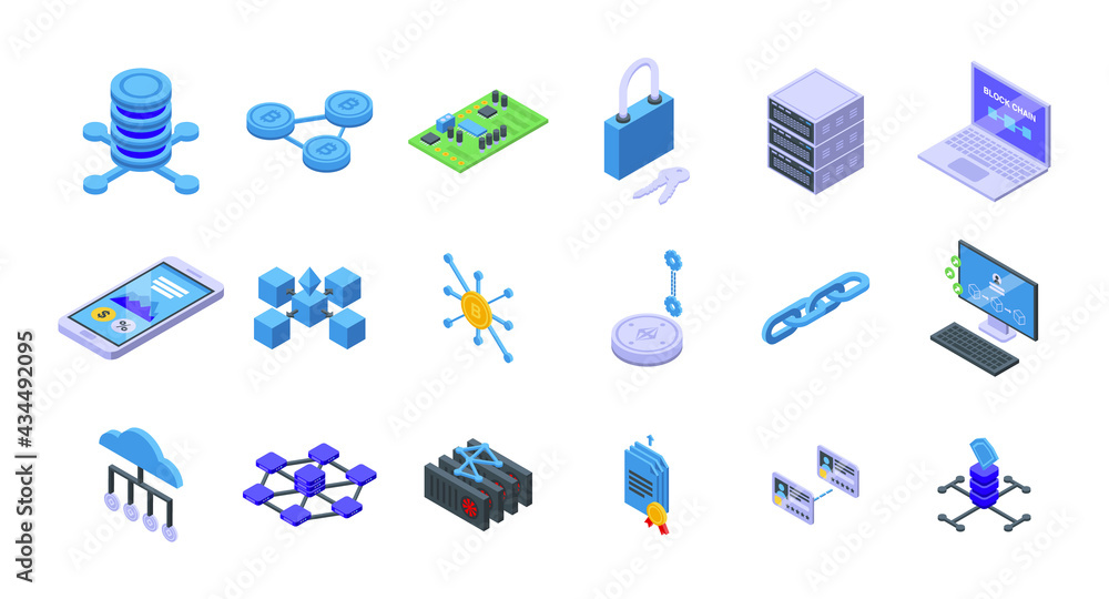 Poster block chain icons set. isometric set of block chain vector icons for web design isolated on white ba