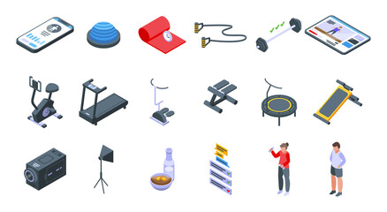 Fitness blog icons set. Isometric set of fitness blog vector icons for web design isolated on white background