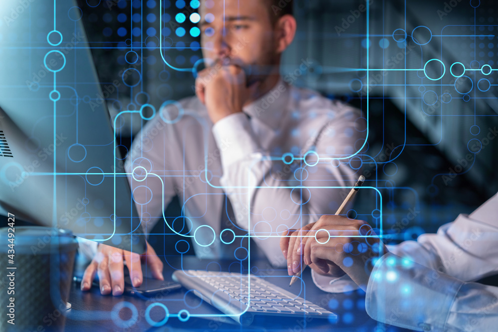 Poster two colleagues in formal wear working together to optimize business process by applying new technolo
