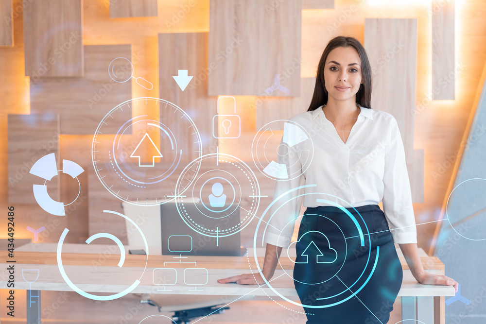 Poster portrait of attractive smiling businesswoman in formal wear thinking how to optimize business proces