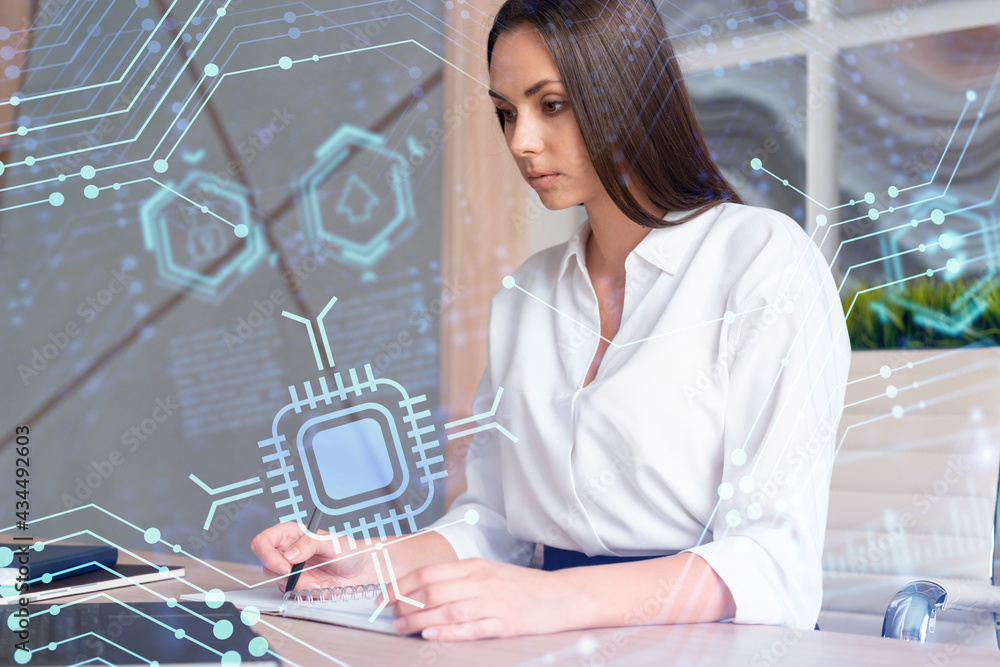 Aufkleber portrait of attractive businesswoman in formal wear working with documents and thinking how to optim