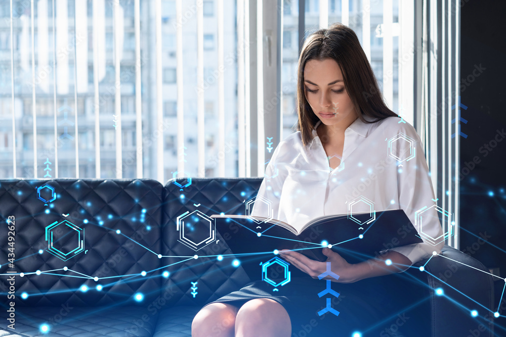 Poster portrait of attractive businesswoman in formal wear working with documents and thinking how to optim