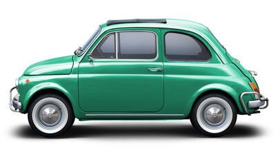 Small retro car of blue-green color, side view isolated on a white background.