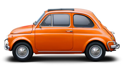 Small retro car of orange color, side view isolated on a white background.