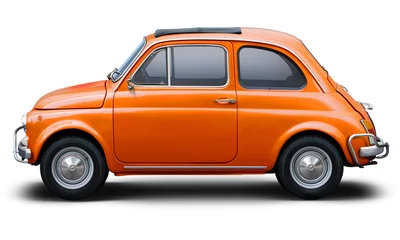 Foto op Aluminium Small retro car of orange color, side view isolated on a white background. © andrew7726