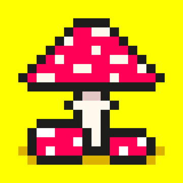 Pixel art, digital mushroom, big and small pink amanita on color background, flat web icon, vector design retro object