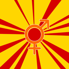 Bigender symbol on a background of red flash explosion radial lines. The large orange symbol is located in the center of the sun, symbolizing the sunrise. Vector illustration on yellow background