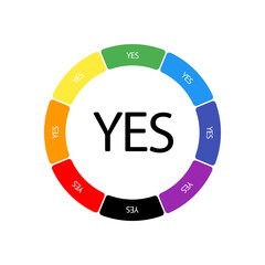 A large black yes symbol in the center, surrounded by eight white symbols on a colored background. Background of seven rainbow colors and black. Vector illustration on white background