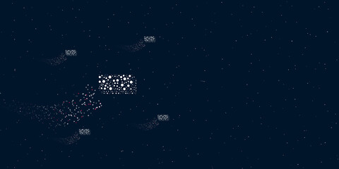 A money bundle symbol filled with dots flies through the stars leaving a trail behind. There are four small symbols around. Vector illustration on dark blue background with stars