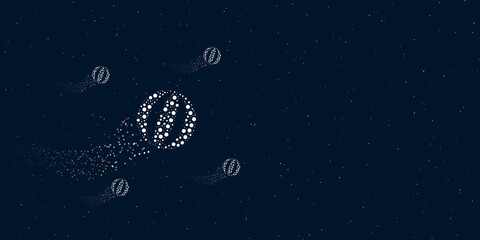 Obraz na płótnie Canvas A beach ball symbol filled with dots flies through the stars leaving a trail behind. There are four small symbols around. Vector illustration on dark blue background with stars