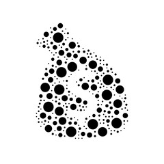 A large bag of money symbol in the center made in pointillism style. The center symbol is filled with black circles of various sizes. Vector illustration on white background