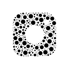 A large camera symbol in the center made in pointillism style. The center symbol is filled with black circles of various sizes. Vector illustration on white background