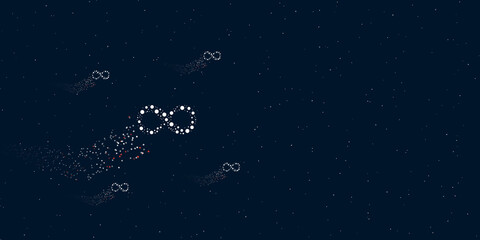Obraz na płótnie Canvas A infinity symbol filled with dots flies through the stars leaving a trail behind. Four small symbols around. Empty space for text on the right. Vector illustration on dark blue background with stars