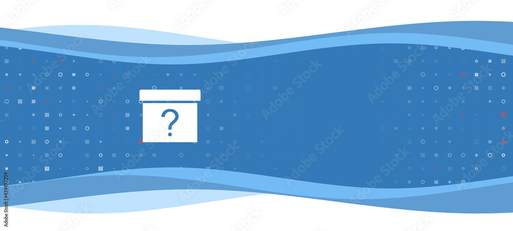 Poster blue wavy banner with a white gift box with a question symbol on the left. on the background there a