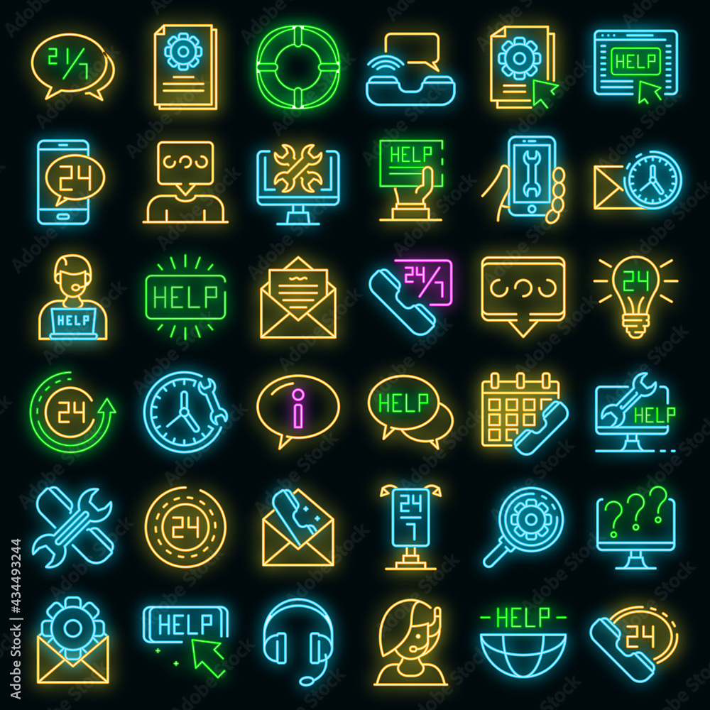 Poster service center icons set. outline set of service center vector icons neon color on black