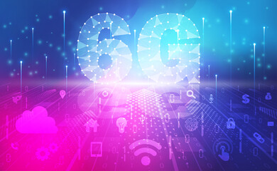 6G network wireless internet Wi-fi connection abstract background concept, Digital technology banner pink blue background binary code, abstract tech big data communication, High speed broadband vector