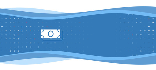 Blue wavy banner with a white money bundle symbol on the left. On the background there are small white shapes, some are highlighted in red. There is an empty space for text on the right side