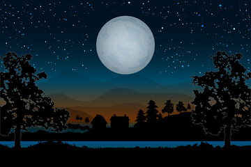 Fototapeta na wymiar Landscape with houses, river, trees and moonlight on hills backdrop.Night village scenery with full moon and starry sky.Countryside panorama on the coast on evening in summer.Stock vector illustration