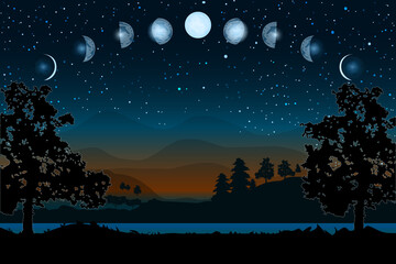 Fototapeta premium Cartoon moon phases. Whole cycle from new moon to full. Lunar cycle change.New, waxing, quarter, crescent, half, full, waning, eclipse. Space of cosmos.Night sky and landscape with countryside. Vector