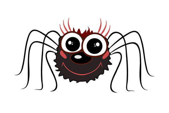 Funny cartoon spider isolated on white background. Cute black spider, traditional Halloween symbol. Lovely little creature. Spider with long legs, large eyes and a happy grin. Stock vector illustratio