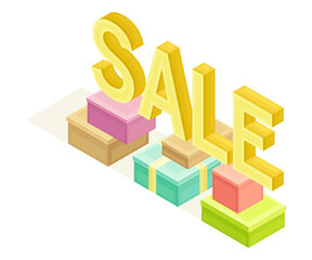 Shopping and Retail Industry with Cardboard Box Rested Near Sale Word Isometric Vector Illustration
