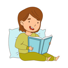 Fototapeta na wymiar Cute Little Girl Leaning on Pillow Reading Bedtime Story Vector Illustration