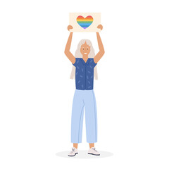 A lesbian with long hair in skirt and tattoo on leg at pride parade holding placard with word Love in rainbow color. Girl at demonstration for equal rights. LGTB activist. Vector character on white.
