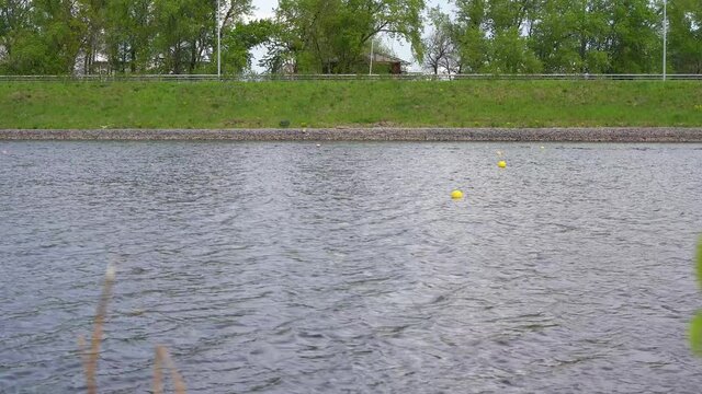 Kayak athletes compete with each other on the river in sunny weather in calm water. 4K video.
