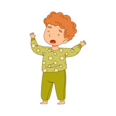 Sleepy Little Boy Wearing Pajamas Stretching and Yawning Vector Illustration
