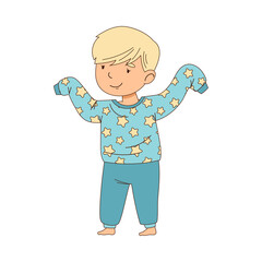 Cute Little Boy Putting on Pajama Getting Ready to Bedtime Vector Illustration