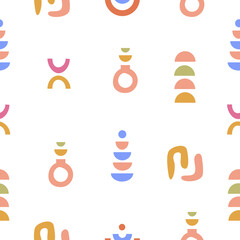 Bohemian Tropical Summer Seamless Pattern with abstract geometric elements in bright colors. Trendy boho shapes in contemporary flat style. Vector Minimalistic Background.