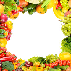 Square background of fresh vegetables and fruits in the form of a wide frame.