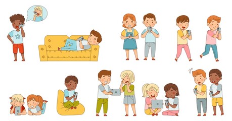 Little Children with Smartphone and Tablet pc Playing and Surfing Internet Vector Set