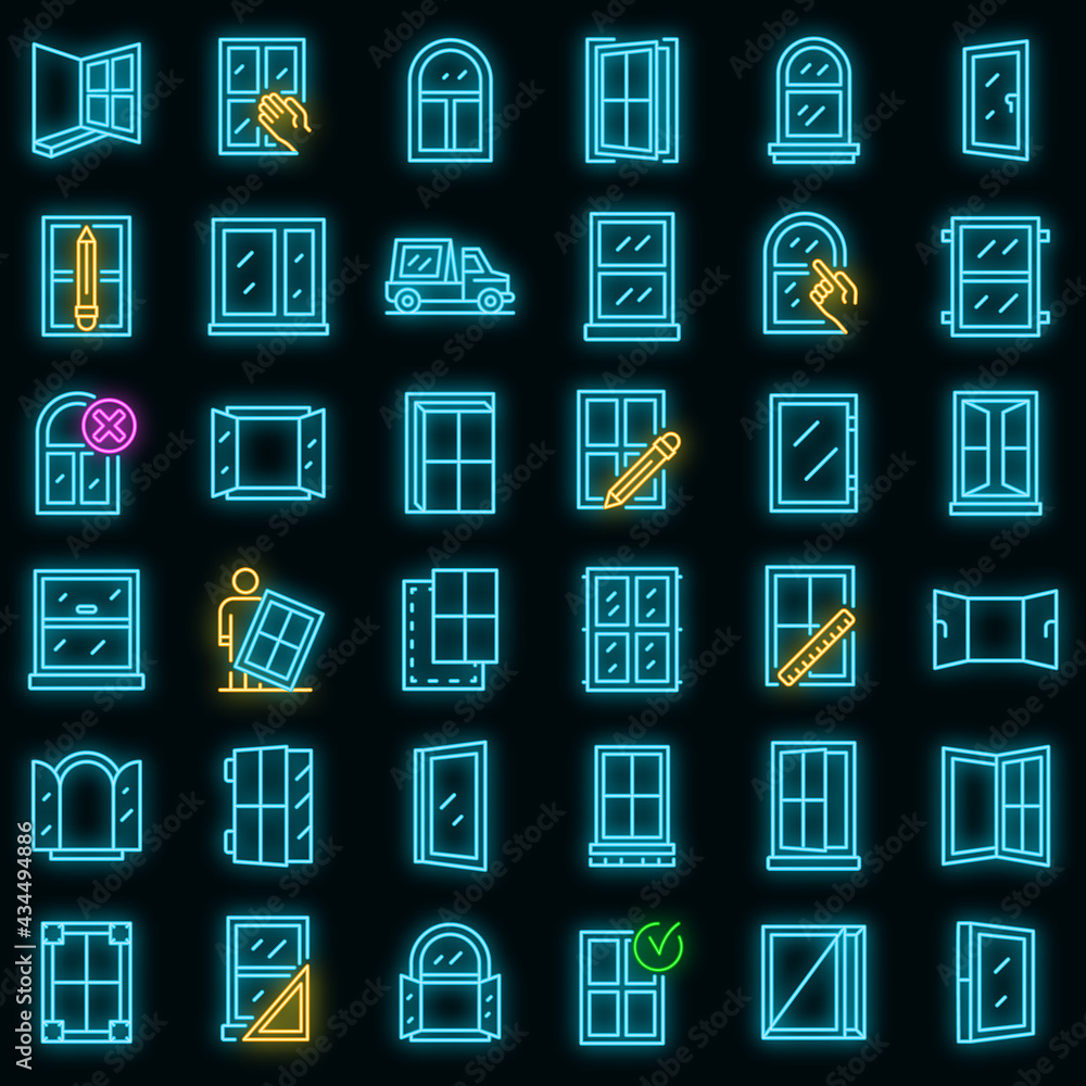 Aufkleber window installation icons set. outline set of window installation vector icons neon color on black