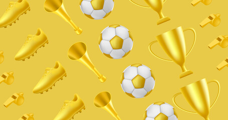 Golden soccer or football pattern with golden boot, horn and trophy cup and ball and whistle, best tournament award and fan attributes