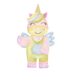 Watercolor pink unicorn isolated on white background.