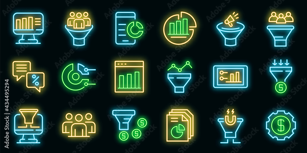 Poster conversion rate icons set. outline set of conversion rate vector icons neon color on black