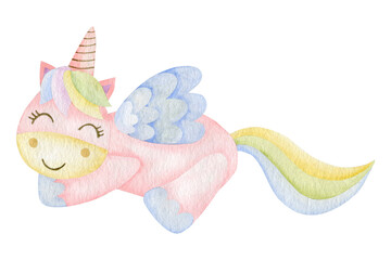 Watercolor pink unicorn isolated on white background.