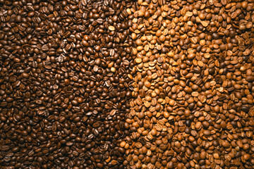 Background of roasted fresh brown Dark and light coffee beans