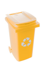 Plastic yellow trash can isolated on white background