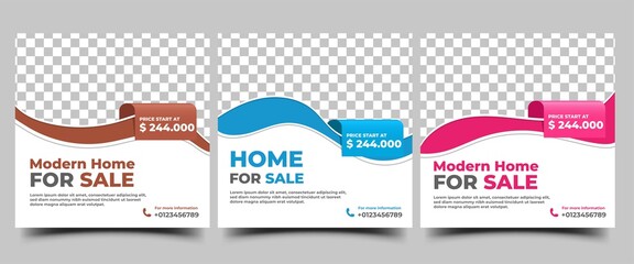 Set of Real estate social media post template design. Editable modern banner design with abstract flow shape and place for the photo. Usable for social media, website, sign, and banner. - obrazy, fototapety, plakaty