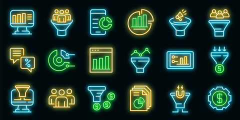 Conversion rate icons set. Outline set of conversion rate vector icons neon color on black