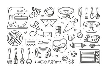 Fototapeta A set of tools for making cakes, cookies and pastries. Doodle confectionery tools - planetary stationary dough mixer, baking pans, measuring spoons. Hand drawn vector illustration on white background. obraz