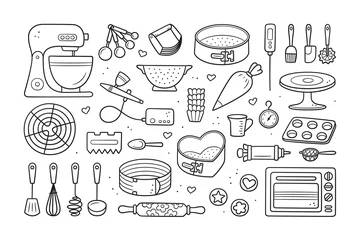 Tuinposter A set of tools for making cakes, cookies and pastries. Doodle confectionery tools - planetary stationary dough mixer, baking pans, measuring spoons. Hand drawn vector illustration on white background. © Elena Pimukova