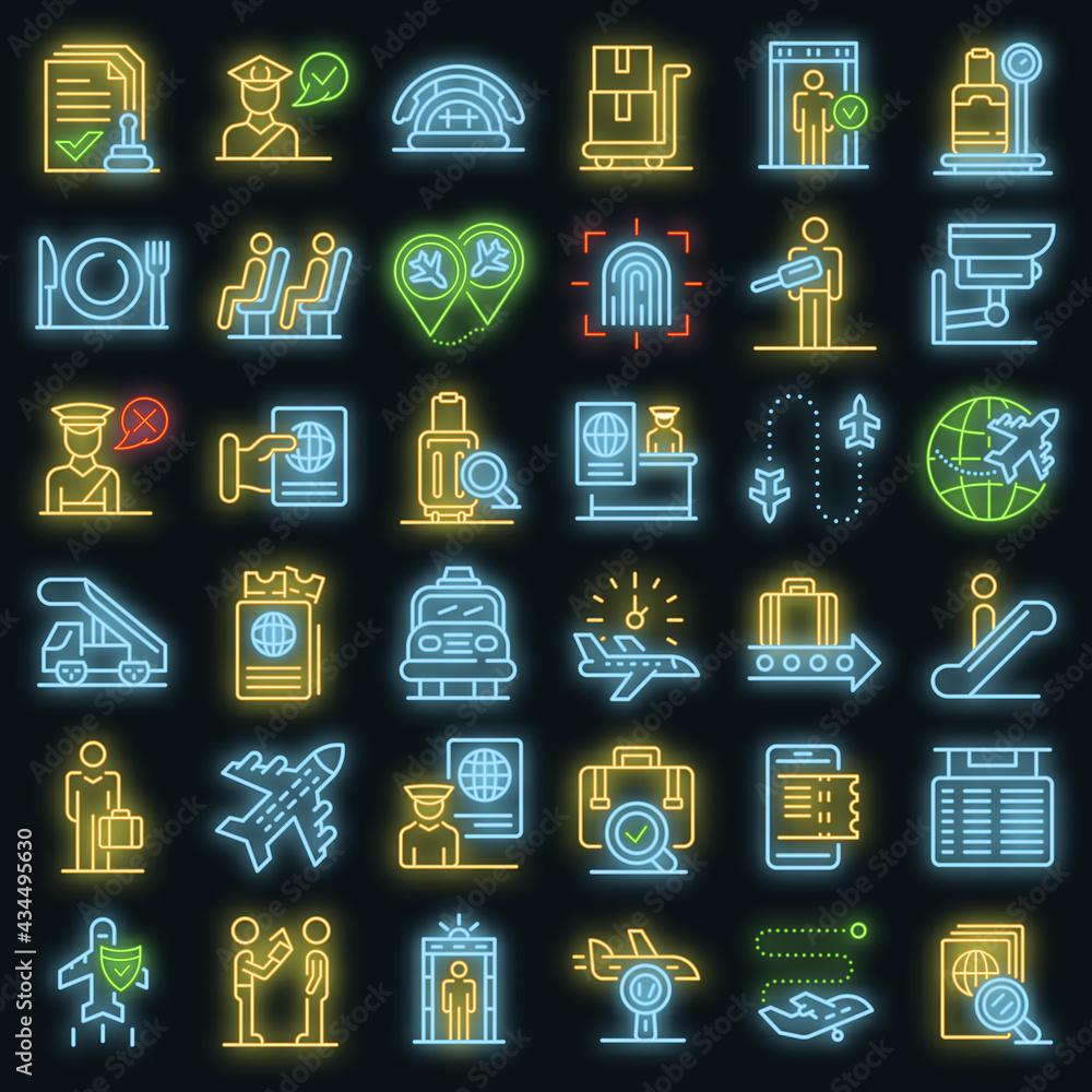 Poster passport control icons set. outline set of passport control vector icons neon color on black