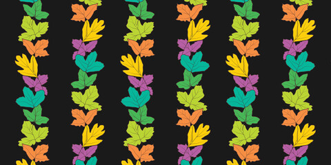 Colorful leaves vector silhouettes seamless pattern with black background. Great for fabric, textile print, packaging or giftwrap, wallpaper. Surface pattern design.