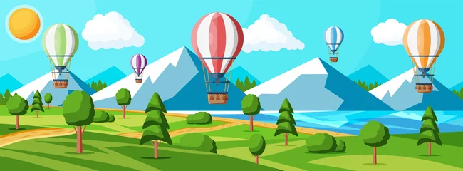 Fototapeten Türkis Hot Air Balloon In The Sky With Clouds and Sun. Vintage Air Transport. Nature Outdoor Background. Aerostat With Basket. Nature Landscape Of Green Hills. Flat Vector Illustration  © absent84