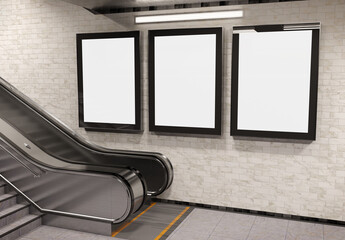 Three vertical billboards on underground wall Mockup. Hoardings advertising triptych on subway wall 3D rendering - obrazy, fototapety, plakaty
