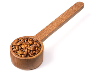 Barley Tea in the wooden spoon, isolated on pure white background