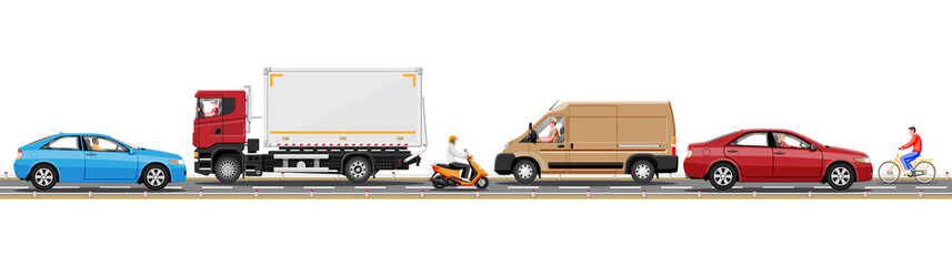 Collection Of Various Vehicles On Road. Sedan, Van, Truck And Motorbike, Bicycle. Car For Transportation, Cargo Services. City Or Urban Transport. Highway Side View. Vector Illustration In Flat Style